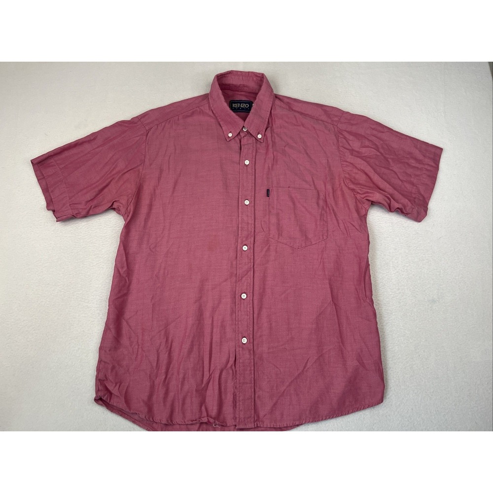 Kenzo Paris Mens Short Sleeve Button Up Shirt Pink Herringbone Size L